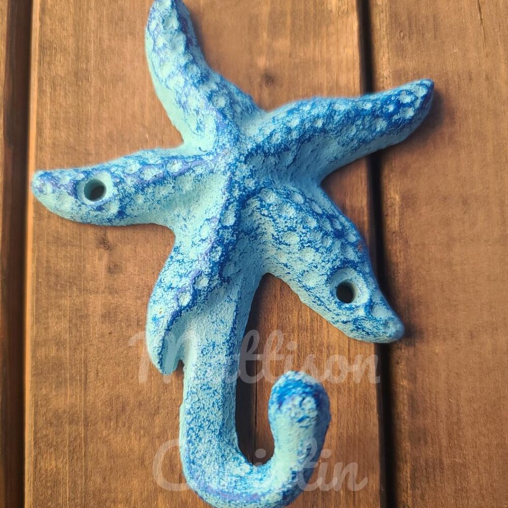 2 Blue Starfish Cast Iron Hook Towel Hat Coat Key Rack